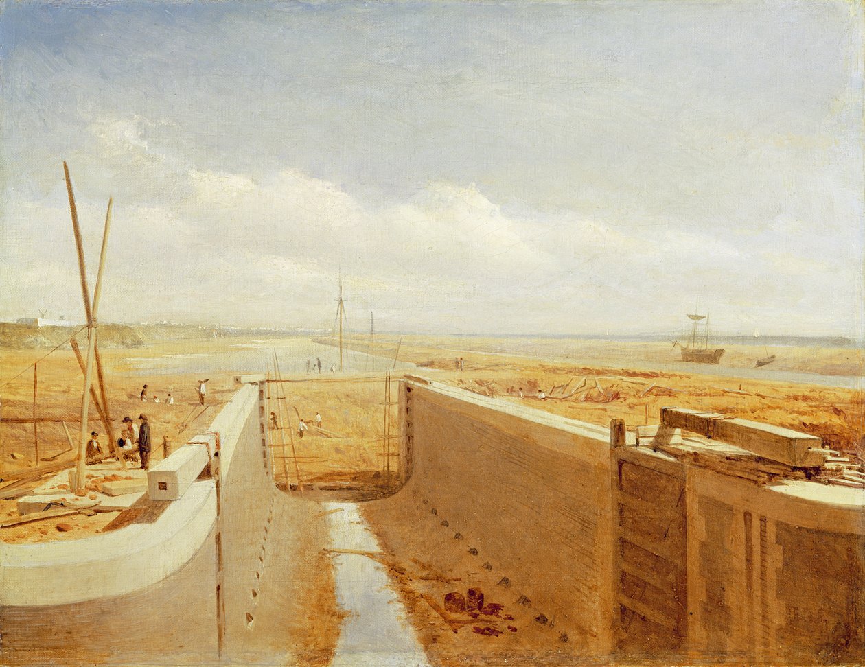 Kanál ve výstavbě, pravděpodobně Bude Canal, cca 1840 od Benjamin Williams Leader