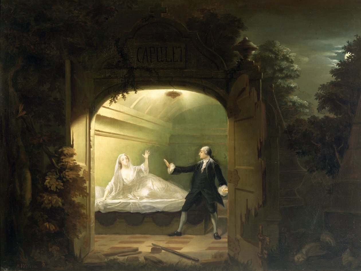 David Garrick (1717-79) a George Anne Bellamy (asi 1727-88) v Romeovi a Julii, 1753 od Benjamin Wilson