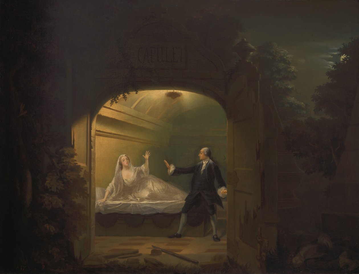 David Garrick a George Anne Bellamy v Romeovi a Julii, dějství V, scéna iii od Benjamin Wilson