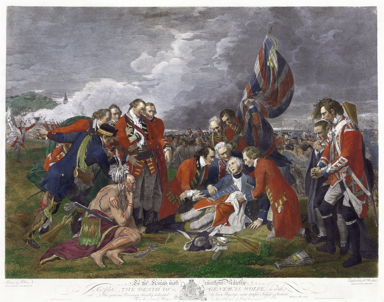 Smrt generála Wolfa" podle obrazu Benjamina Westa. James Wolfe (1727-1759), velitel britské armády, smrtelně zraněný při vítězství nad Francouzi v bitvě na Abrahamových pláních v Quebecu. Sedmiletá válka Kanada Francie od Benjamin (after) West