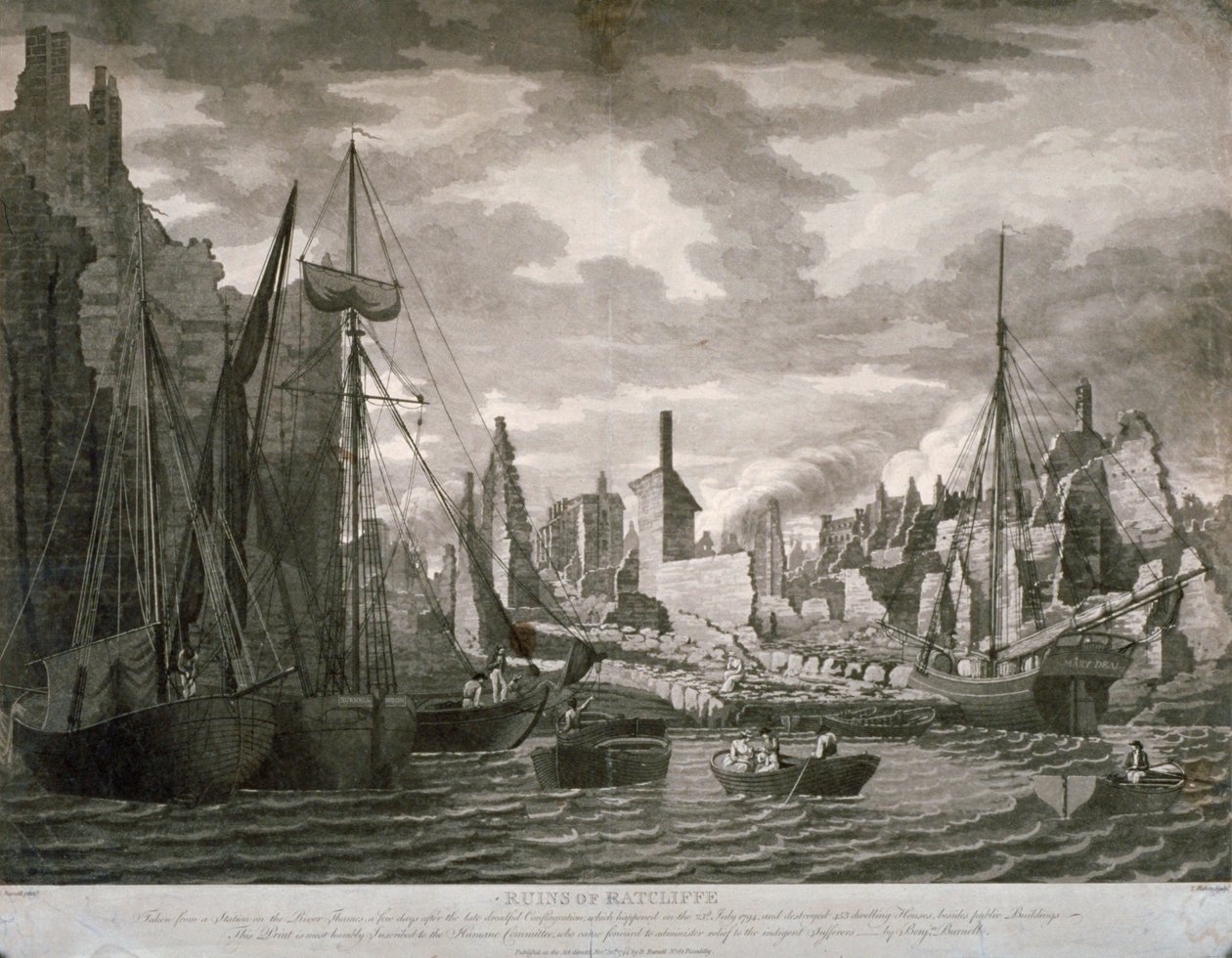 Pohled na oblast Ratcliffe, Londýn, ukazující ruiny po požáru z 23. července 1794 od Benjamin Burnell