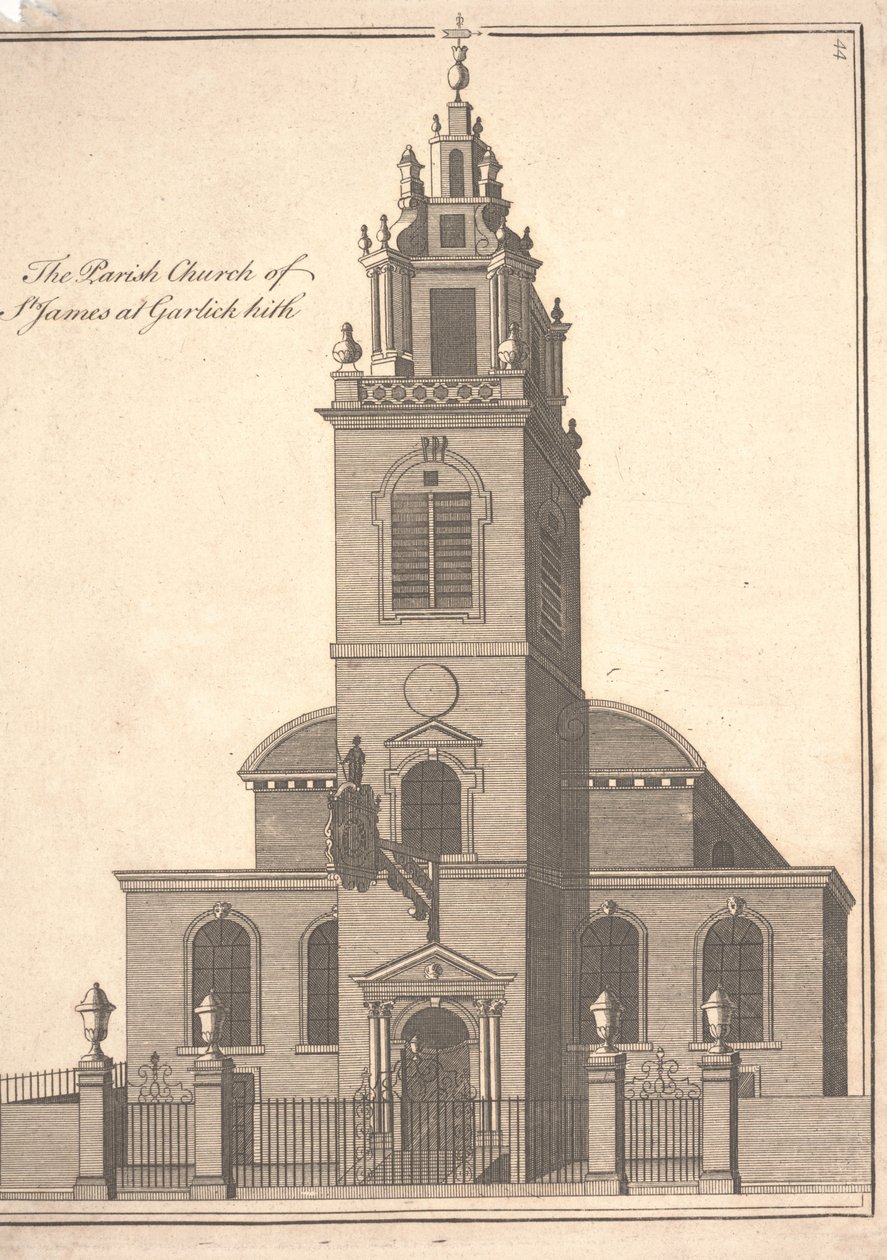 Farní kostel sv. Jakuba Garlickhythe, kolem roku 1750 (rytina) od Benjamin Cole