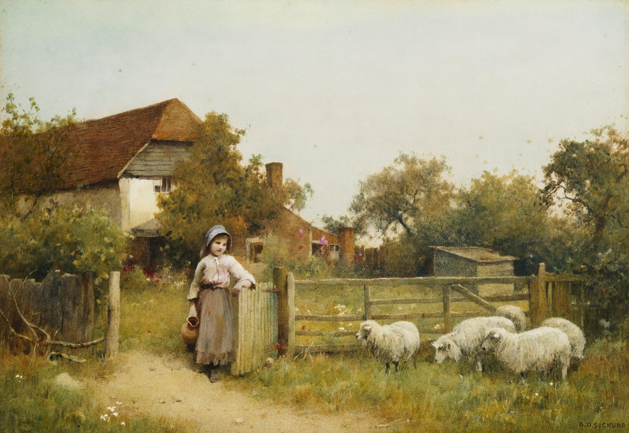Mladá dívka s ovcemi, u chalupy od Benjamin D. Sigmund