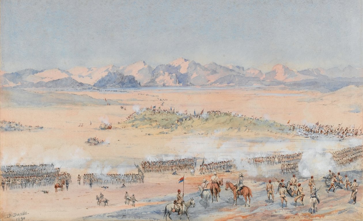 Postup 9. a 10. súdánského praporu egyptské armády v bitvě u Toski, 3. srpna 1889 (akvarel) od Benjamin Donisthorpe Alsop Donne