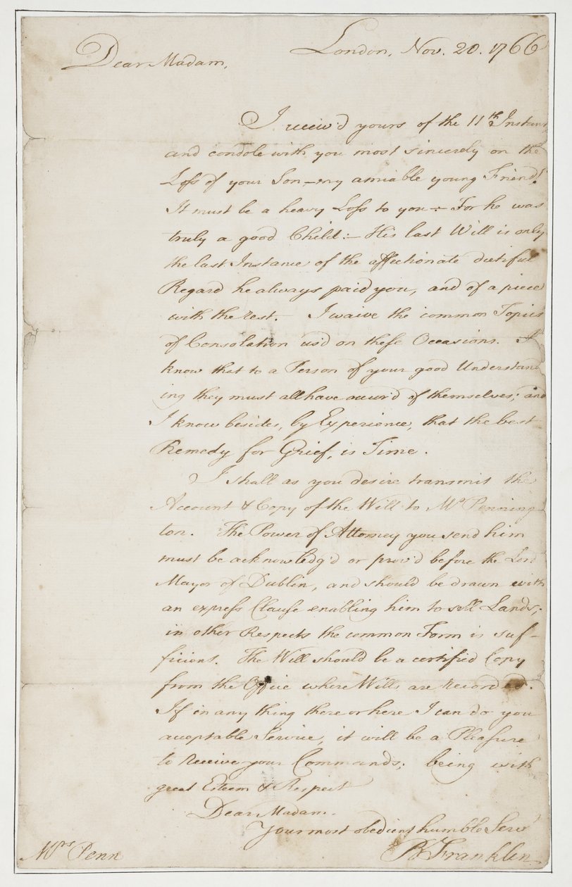 Autogram dopis paní Ann Pennové, Londýn, 20. listopadu 1766 (pero a inkoust na papíře) od Benjamin Franklin