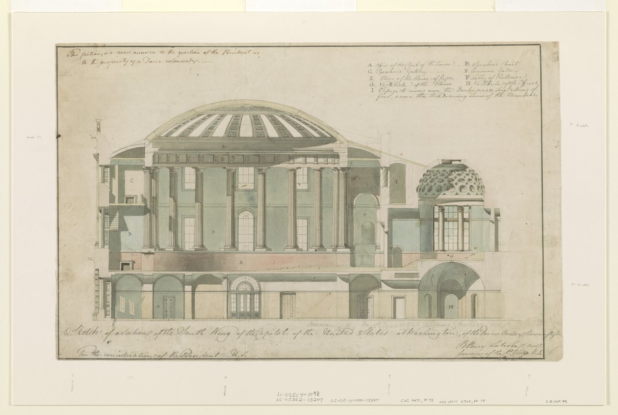 Sekce amerického Capitol South Wing, 1803 (pero a inkoust s mytím na papíře) od Benjamin Henry Latrobe