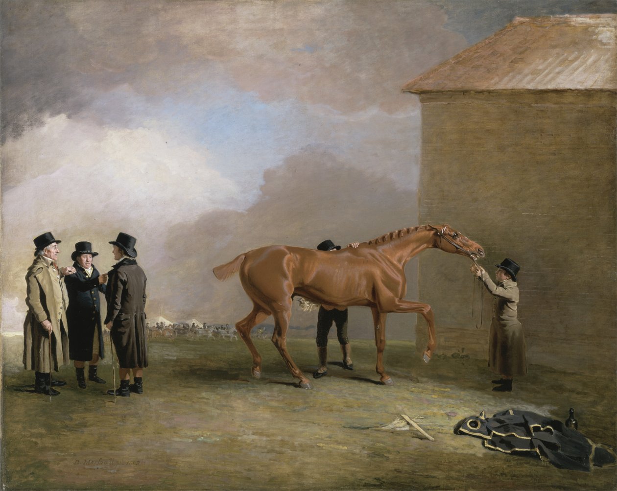 Muly Moloch, kaštanové hříbě třené na Newmarket Heath, s portréty Trottera, Hardyho a Thompsona vlevo (olej na plátně) od Benjamin Marshall