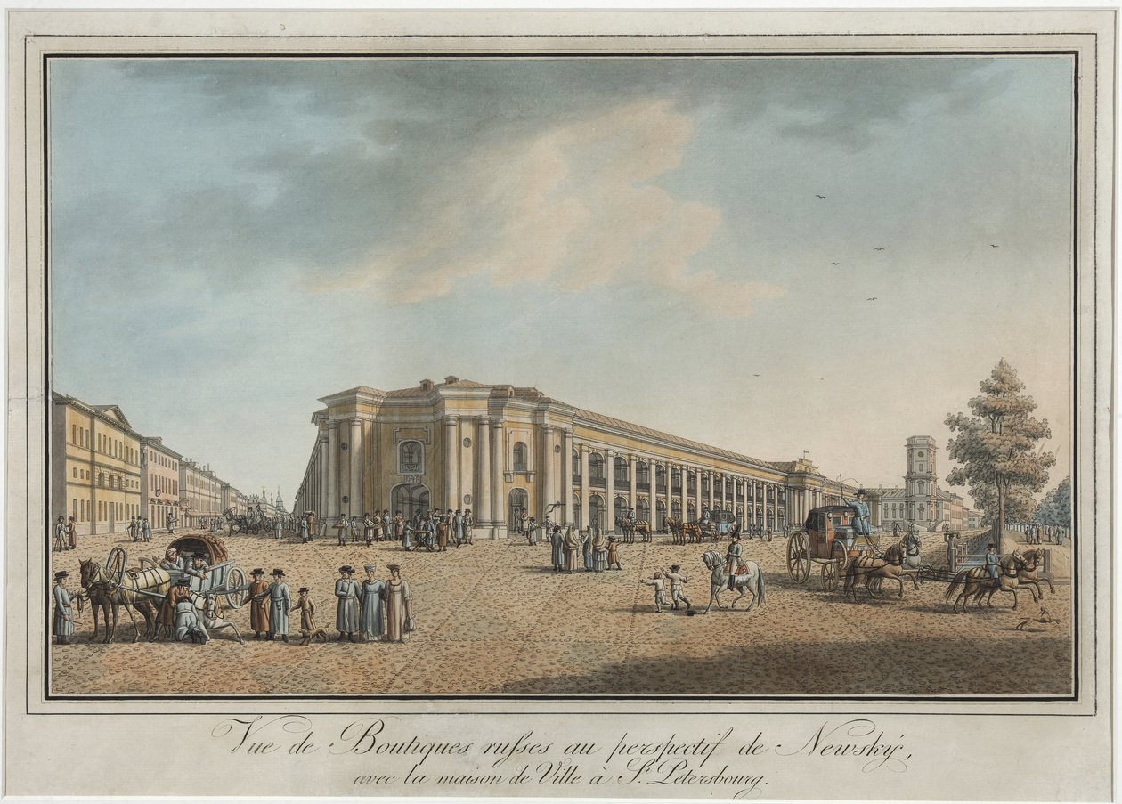 Něvský prospekt (perspektiva Něvského) poblíž Velkého Gostinyho dvora a Městské dumy v Petrohradě - Benjamin Paterssen (1748-1815). Lept, akvarel, po 1802. Státní muzeum historie Petrohradu od Benjamin Patersson