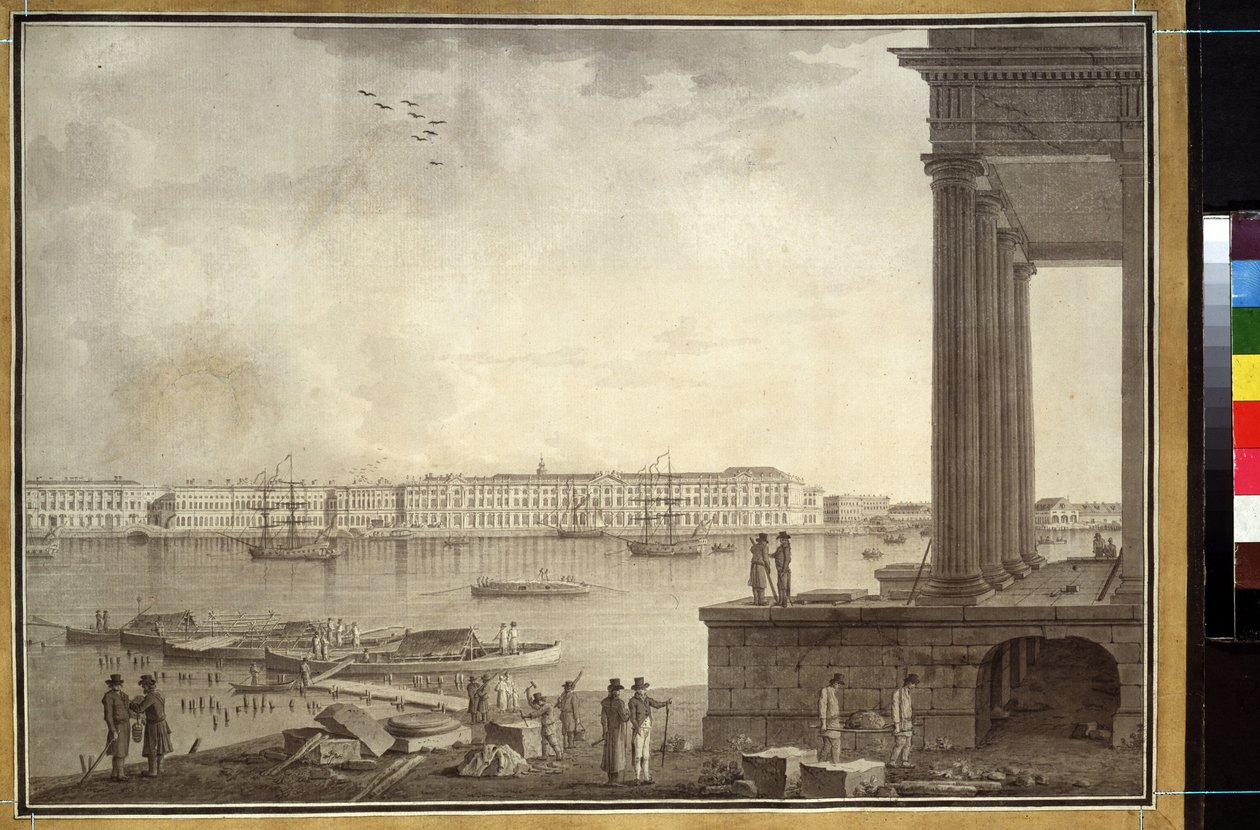Pohled na Zimní palác a burzu v Petrohradu. Dílo Benjamina Patersena (1748-1815), tužka a inkoust na papíře, cca 1790. Švédské umění od Benjamin Patersson