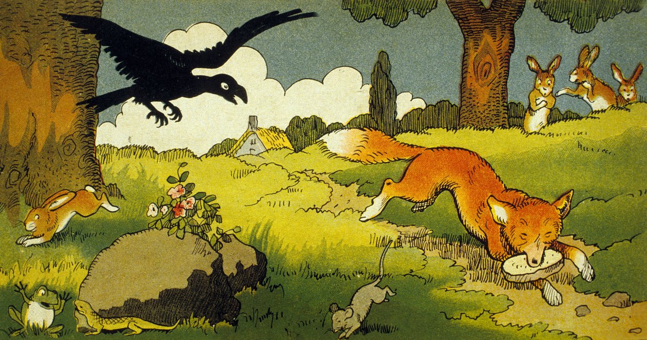 La Fontaineova bajka: Vrána a liška (ilustrace 1949) od Benjamin Rabier
