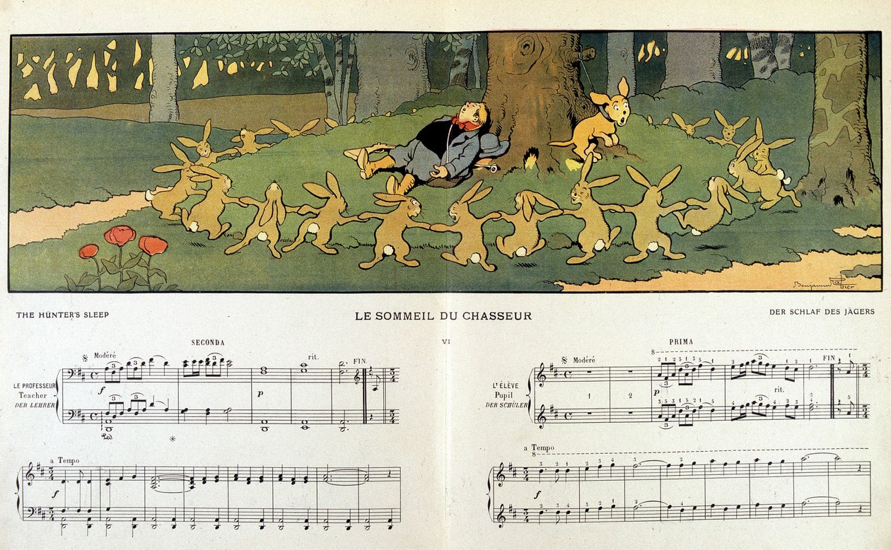 Králíci kroužící kolem ospalého lovce - v „“Les images en musique““ od Jane Vieu, ilustrované Benjaminem Rabierem (1864-1939) od Benjamin Rabier