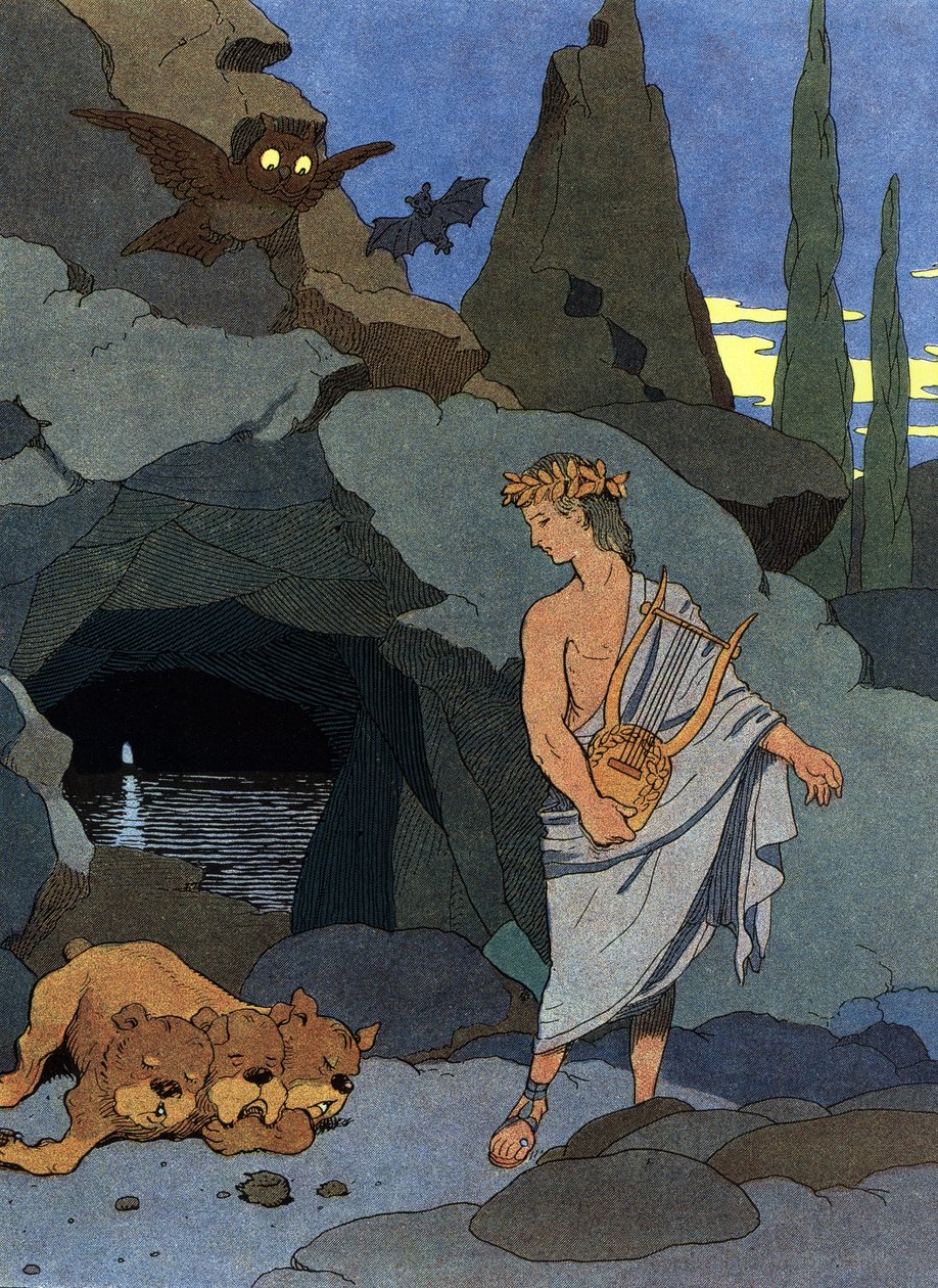 Orfeus a jeho lyra uspali psa Cerbère se třemi hlavami od Benjamin Rabier