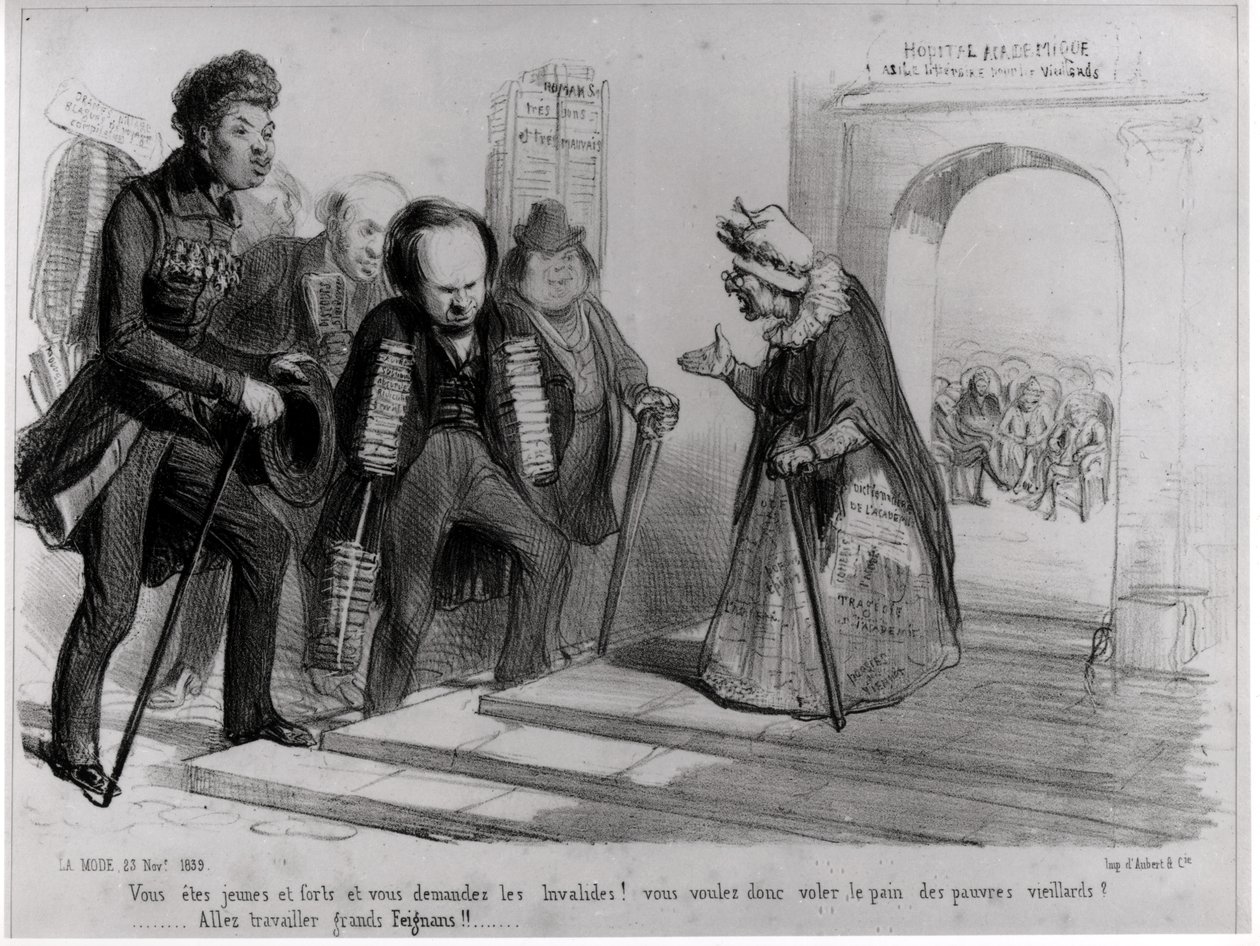 Dumas, Hugo et Balzac usilující o přijetí na Francouzskou akademii, ilustrace z 