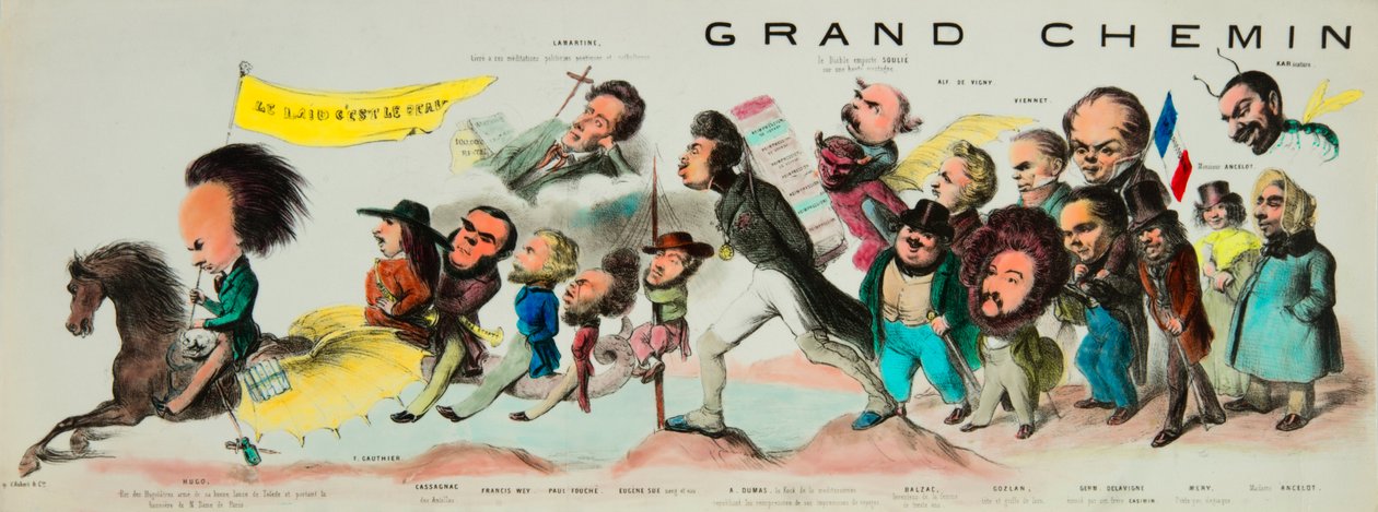 Skvělá jízda posterita. (Monte na romantickém Pegase, Victor Hugo (1802-1885), král Hugolatres, zbraň své dobré toledské čepele a nesoucí prapor Notre-Dame de Paris, vzal Theophile Gautier (1811-1872), Bernard Adolphe Granier od Benjamin Roubaud