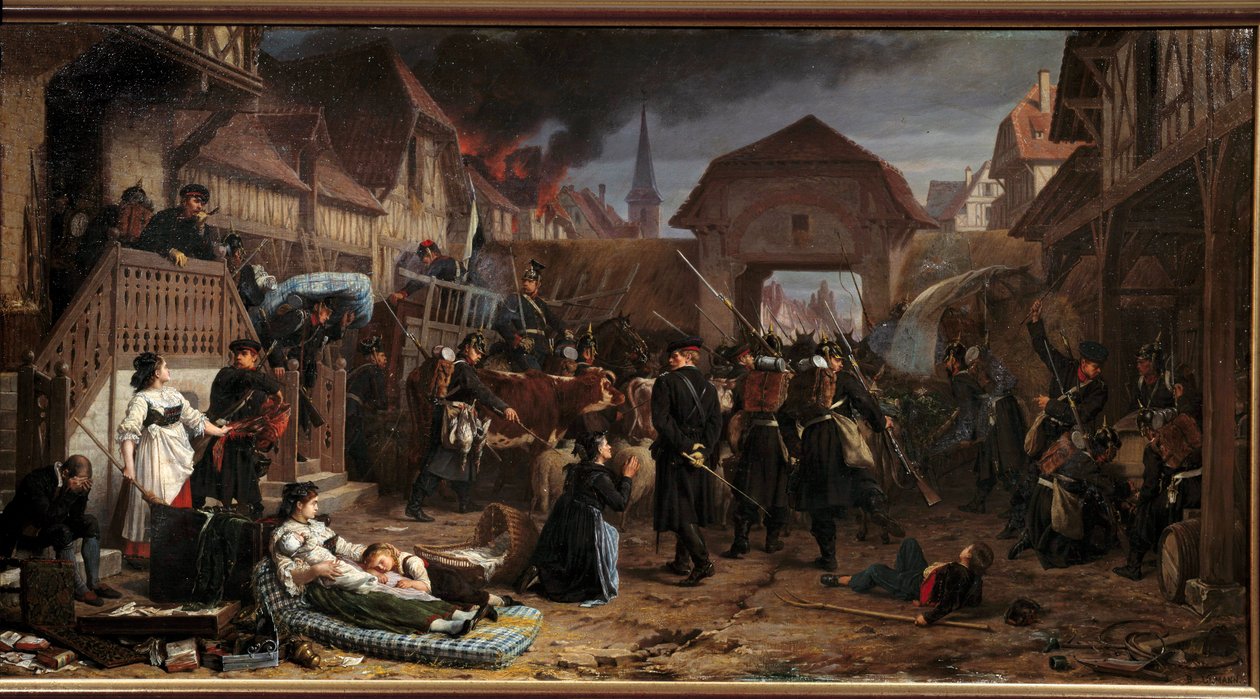 Válka roku 1870: „“Rekvizice u Reichshoffenu““ Bitva u Froeschwiller Woerth (Froeschwiller-Woerth) (nebo bitva u Reichshoffenu) 6. srpna 1870 viděla vítězství Pruska - Obraz Benjamina Ullmanna (1829-18784) Nancy, Musee historique Lorrai od Benjamin Ullmann
