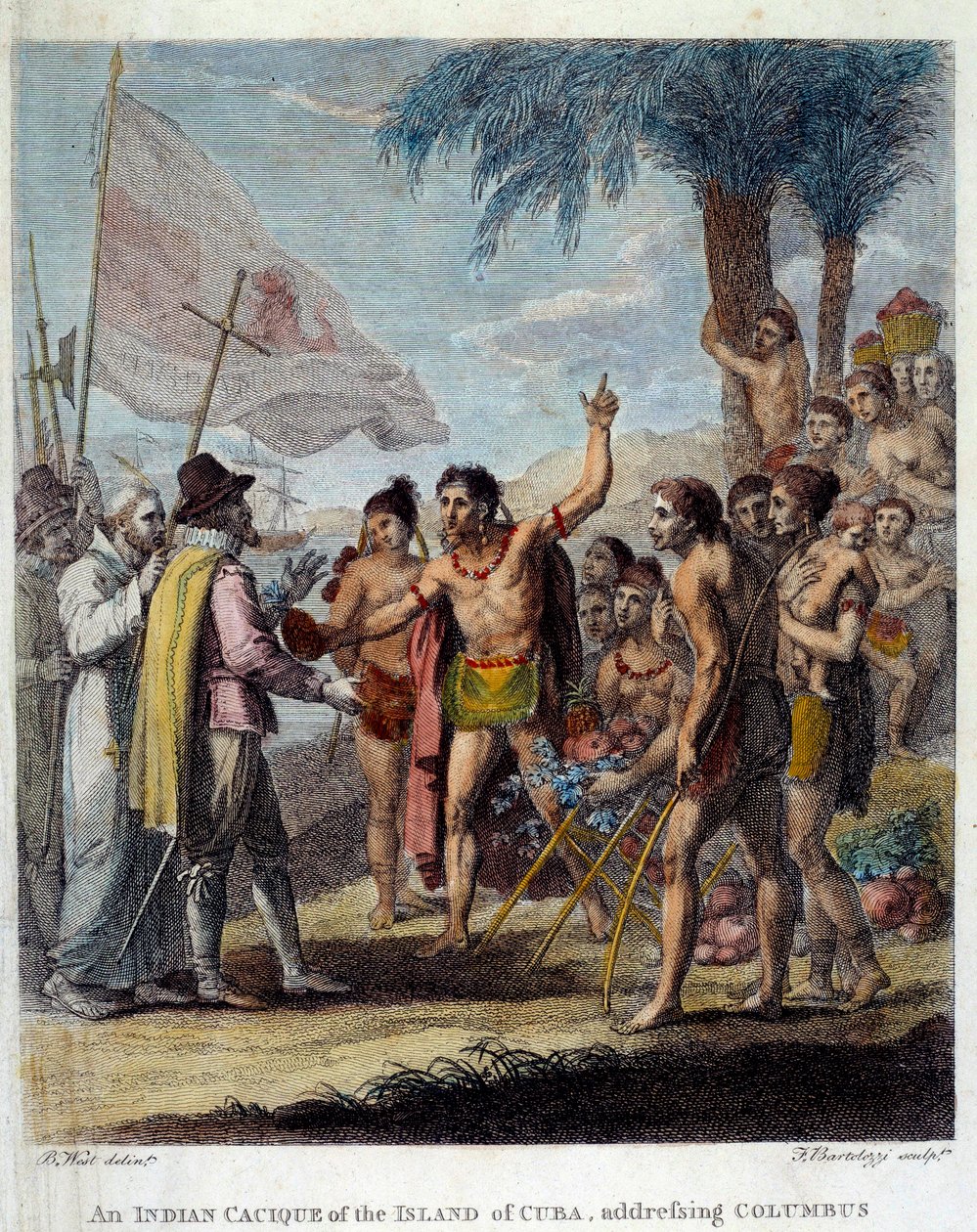 Indián Cacique z ostrova Kuba vítá Kryštofa Kolumba (1451-1506) a evropské vojenské a církevní představitele, aby diskutovali o vytvoření nového státu. Frontispice „Občanské a obchodní historie britských kolonií W od Benjamin West