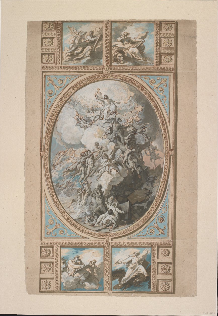 Design pro stropní výzdobu královské kaple, zámek Windsor (recto), kolem roku 1779 (černá křída, pero a hnědý inkoust a akvarel, zvýrazněný nádechem bílé, šedé a modré barvy těla a hnědého mytí od Benjamin West