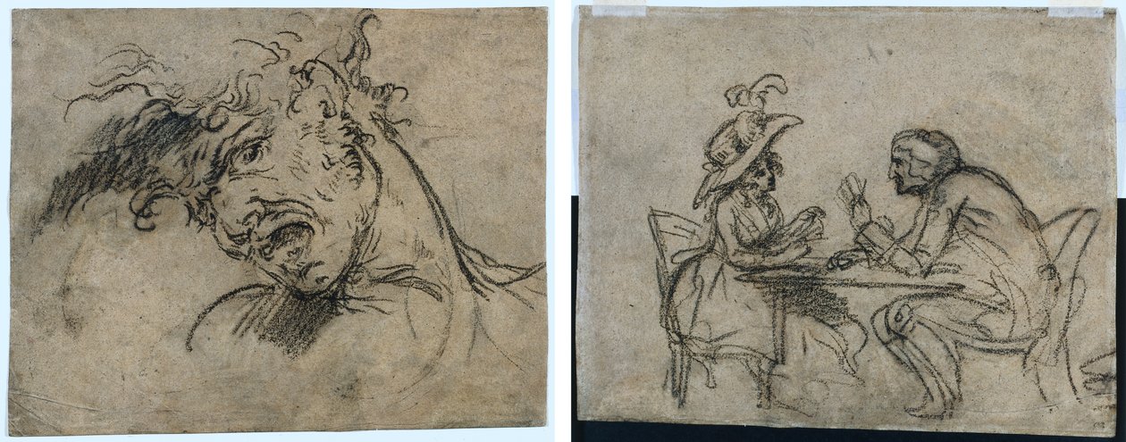 Hlava křičícího muže (recto) Žena a muž hrají karty (verze) od Benjamin West