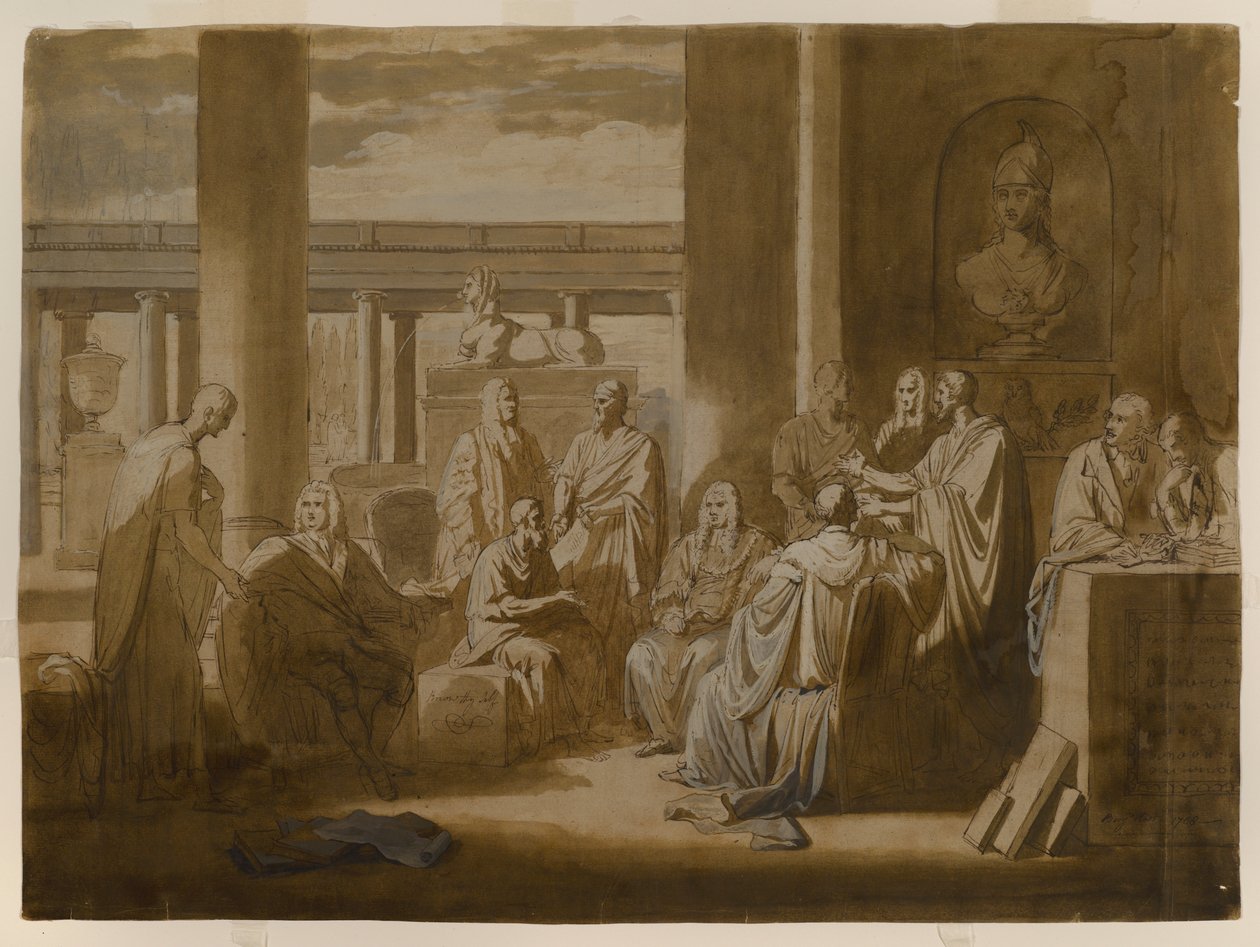 Poznej své já, 1768 (inkoust na mytí železem, olejová pasta a mytí na slonovinovém papíru) od Benjamin West