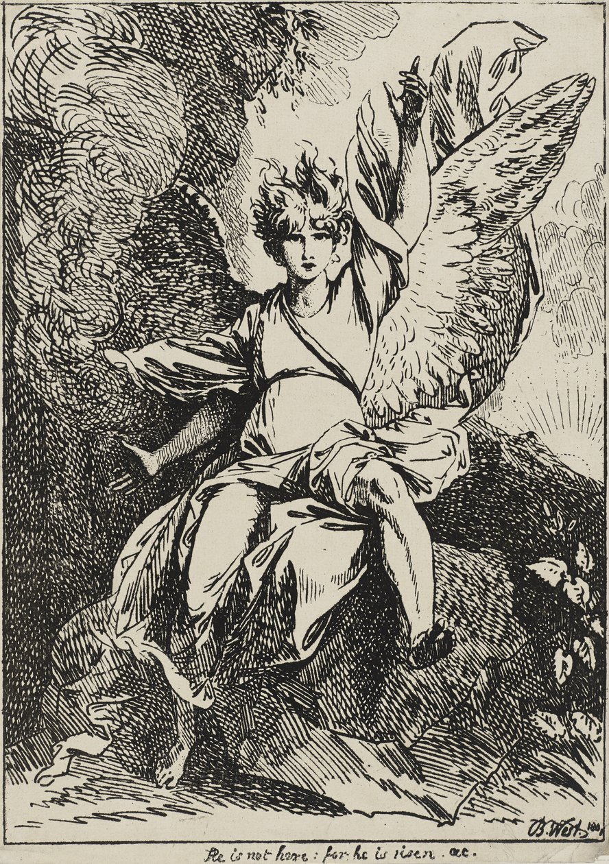 The Angel of the Resurrection, 1801 (propisovací litografie na tkaném papíře připevněná na původním tkaném podpůrném listu s šedohnědou akvatintou) od Benjamin West