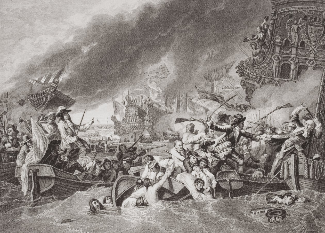 Bitva u La Hogue, zničení francouzské flotily, 22. května 1692, z „Ilustrace anglické a skotské historie“ svazek II od Benjamin West