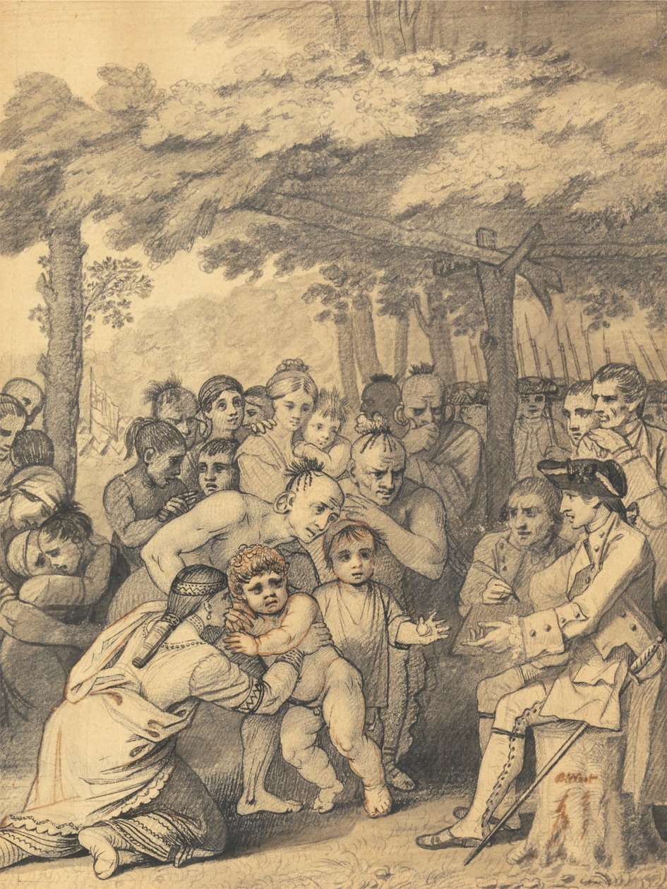 Indové, kteří vydávají anglické zajatce do plukovního kytice poblíž jeho tábora u lidí Muskingum v Severní Americe v listopadu 1764, 1765 od Benjamin West