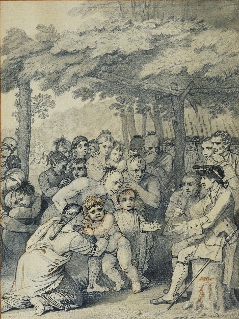 Indiáni přinášející anglické zajatce plukovníku Bouquetovi poblíž jeho tábora u lidí z Muskingumu v Severní Americe v listopadu 1764, kolem roku 1769 (inkoust a mytí na papíře) od Benjamin West
