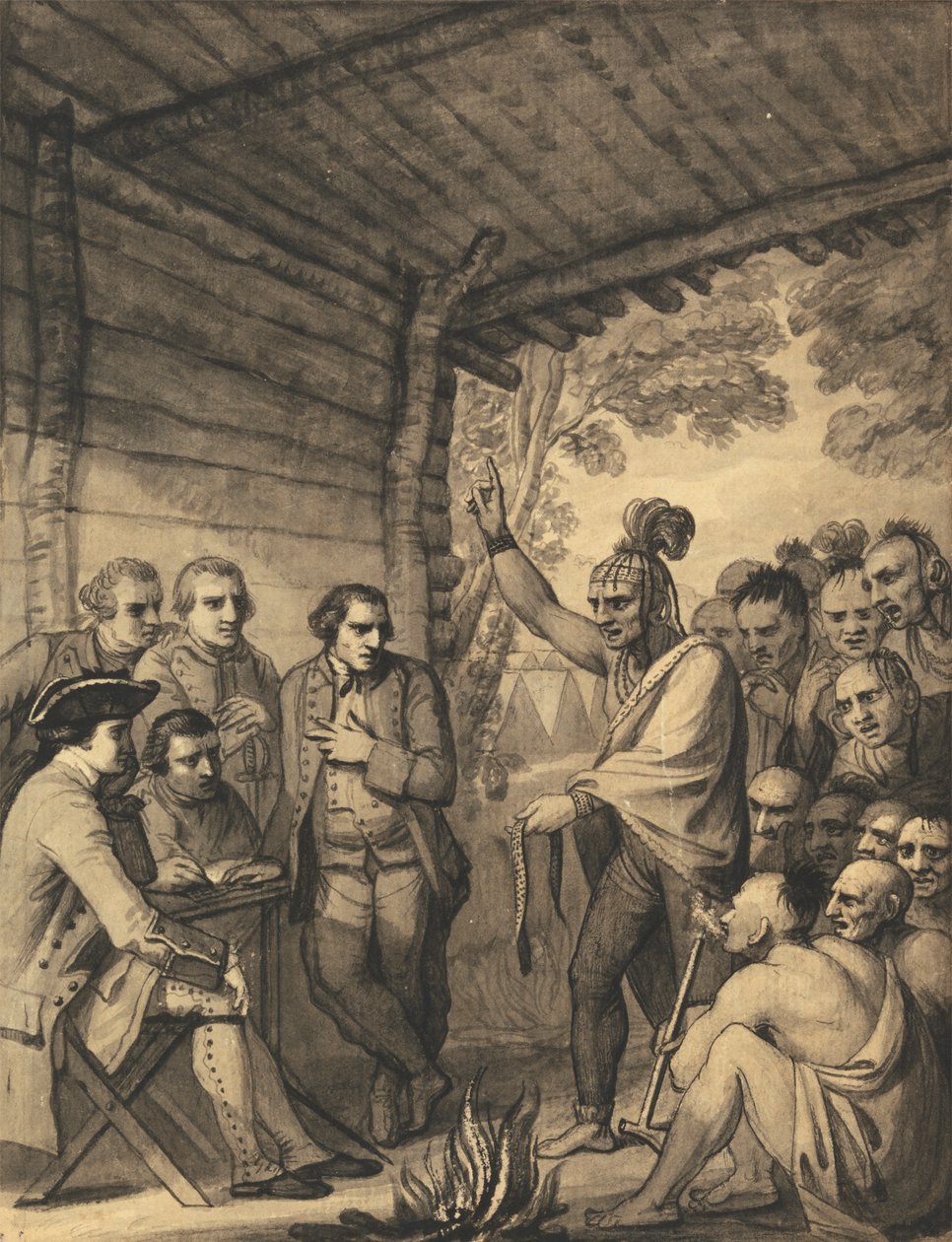 Indiáni mluví s plukovníkem Bouquetem na konferenci u požáru rady poblíž jeho tábora na břehu Muskingum v Americe v říjnu 1764, 1765 od Benjamin West