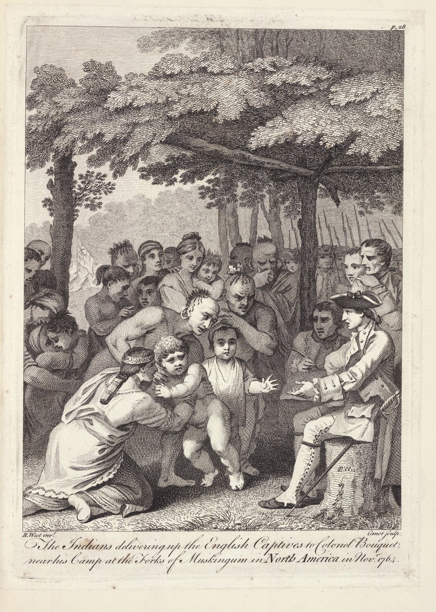 Indiáni předávají anglické zajatce plukovníku Bouquetovi poblíž jeho tábora ve Forks of Muskingham v Severní Americe v listopadu 1764 od Benjamin West