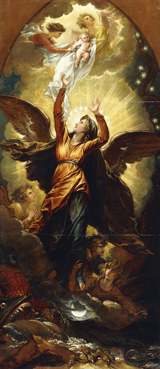 „Žena oděná sluncem prchá před pronásledováním draka“, od Benjamin West