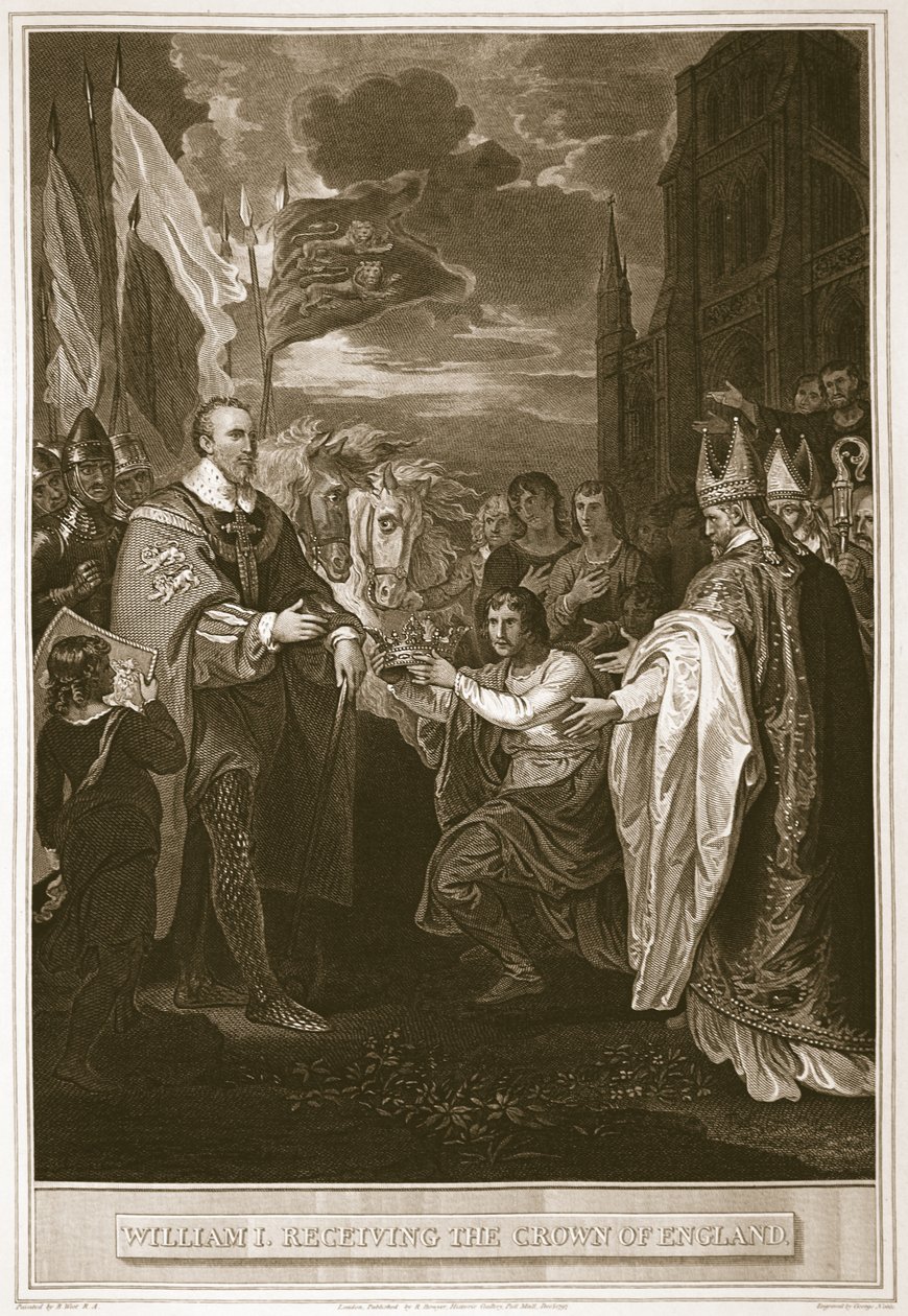 William I. přebírá korunu Anglie, vyrytý Georgem Noblem, ilustrace z pubu Davida Humea 