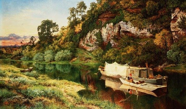 Říční krajina s rybářem, který vyrábí pasti na úhoře od Benjamin Williams Leader