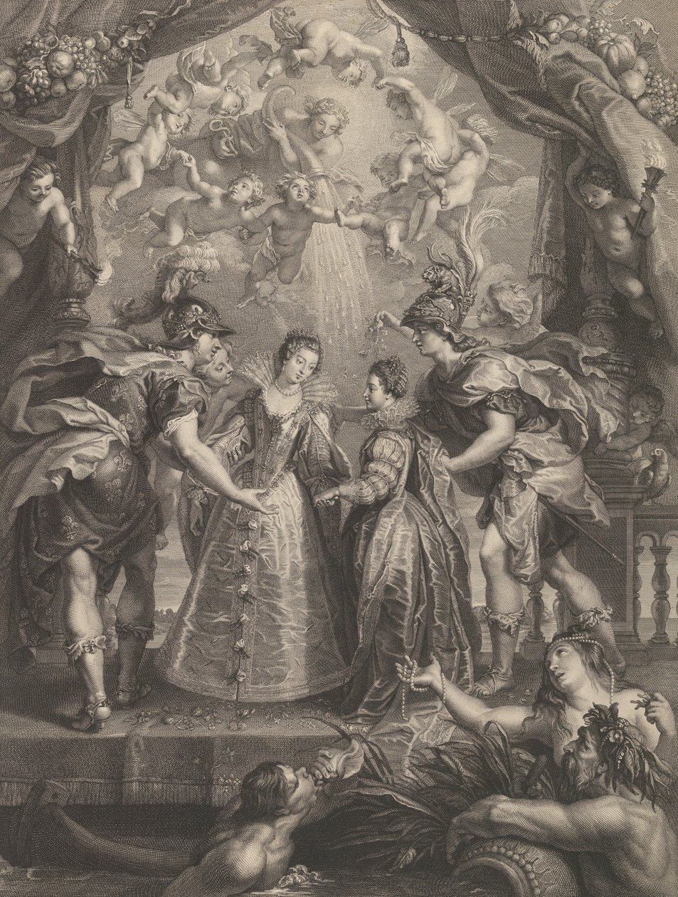 Deska 17: Výměna dvou princezen v Hendaye, alegorický výjev s Annou z..., 1707-10 od Benoit Audran I