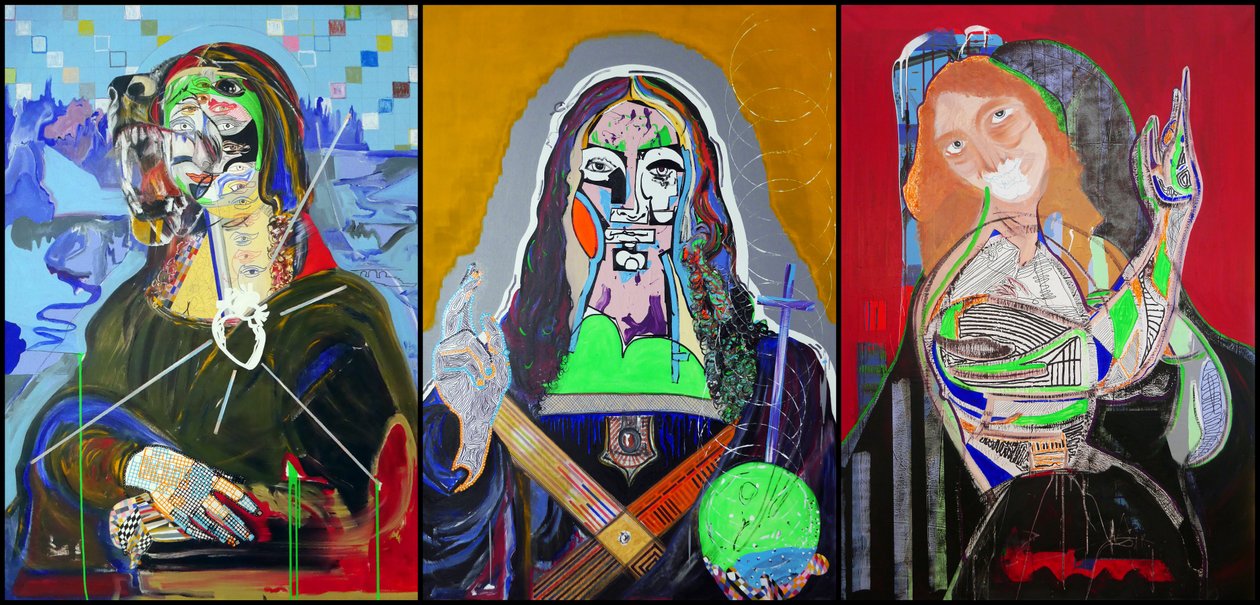 Triptych podle Leonarda da Vinciho, 2019 (olej, papír a akryl na 3 vedle sebe umístěných plátnech) od Benoit Erwann Boucherot