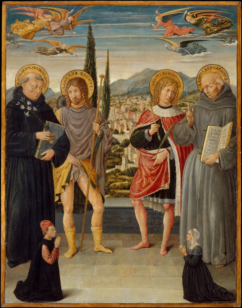 Svatí Mikuláš z Tolentina, Roch, Sebastian a Bernardino ze Sieny s klečícím dárcem od Benozzo di Lese di Sandro Gozzoli