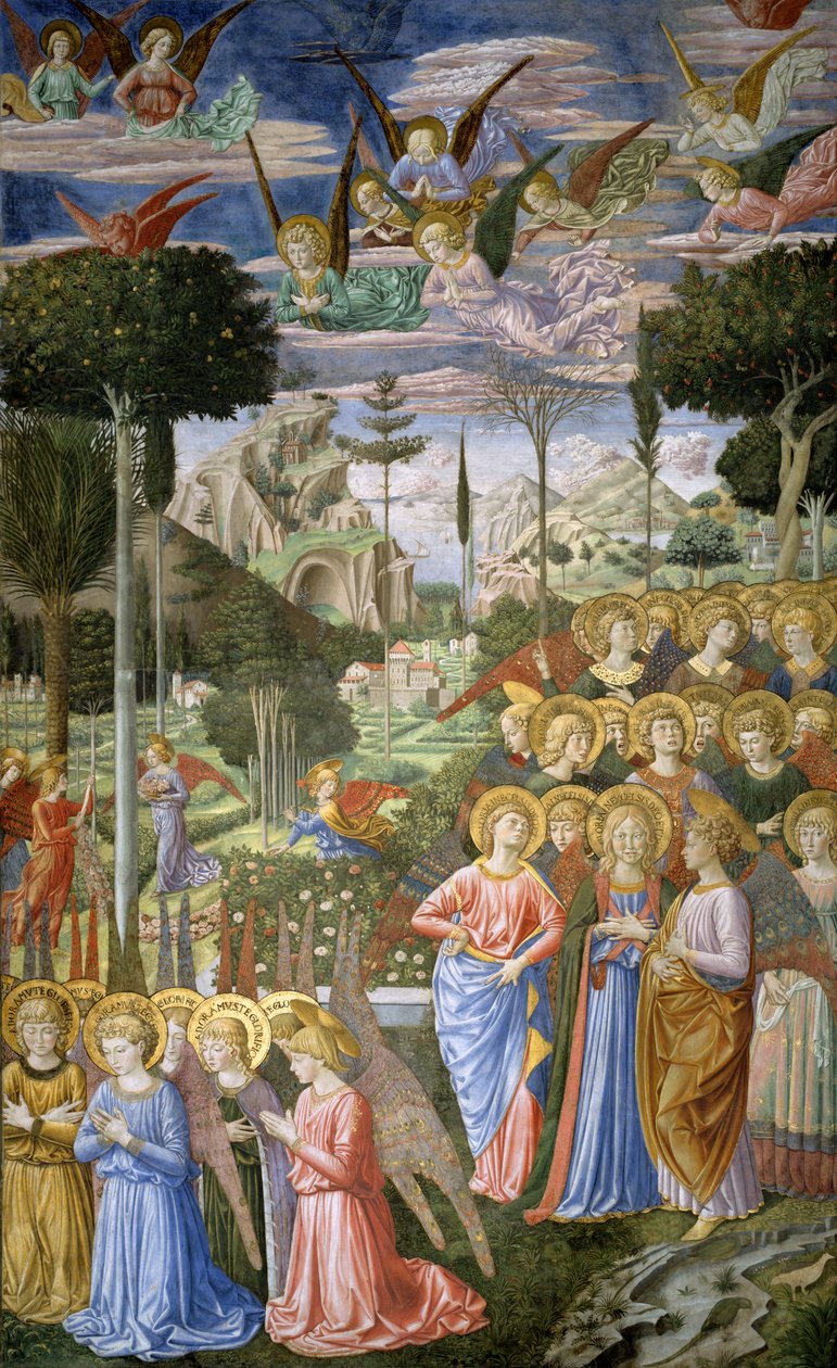 Andělé v nebeské krajině, pravá stěna apsidy, z cyklu Cesta tří králů v kapli, kolem roku 1460 od Benozzo di Lese di Sandro Gozzoli