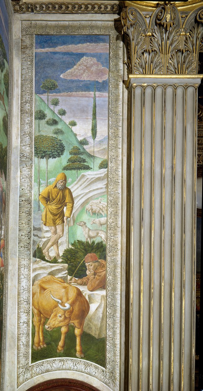 Pastýř a pastevec, panel podél levé stěny cyklu Cesta tří králů v kapli, kolem roku 1460 od Benozzo di Lese di Sandro Gozzoli