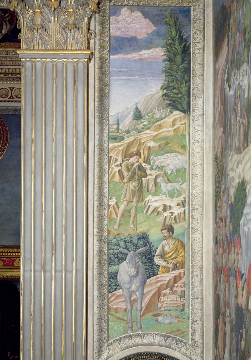 Pastýř a jeho stádo, panel podél pravé stěny cyklu Cesta tří králů v kapli, kolem roku 1460 od Benozzo di Lese di Sandro Gozzoli