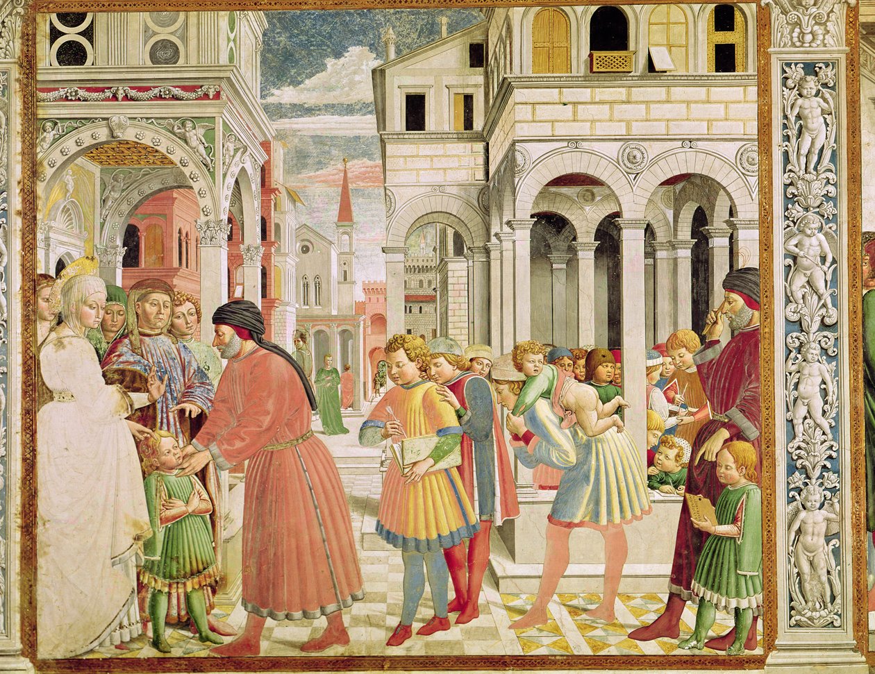 Svatý Augustin je veden svými rodiči ve škole Tagaste, ze života sv. Augustina, 1464-65 od Benozzo di Lese di Sandro Gozzoli