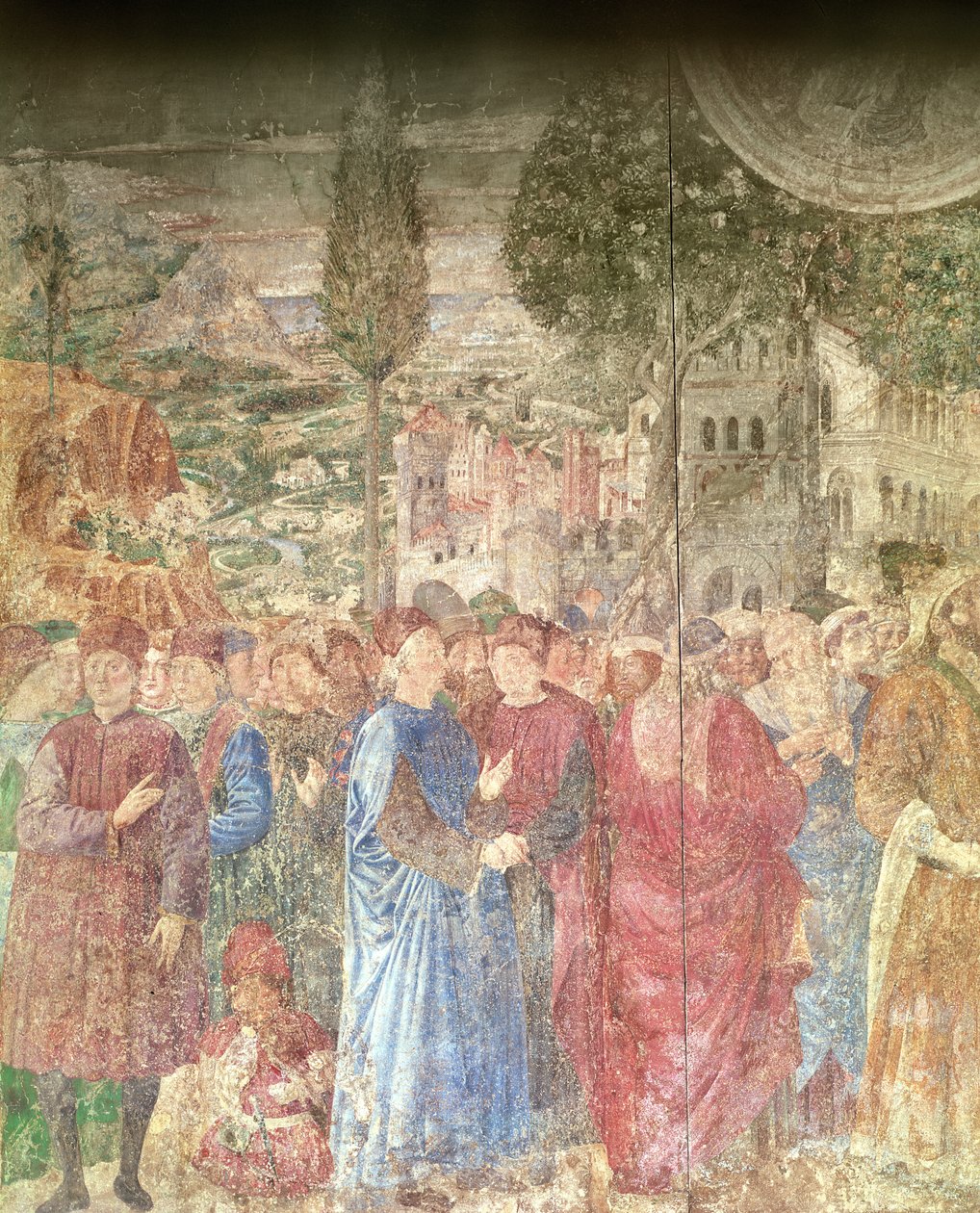 Budova Babylonské věže, detail domu Medicejských, který sleduje stavební práce, freska z let 1468-84 od Benozzo di Lese di Sandro Gozzoli