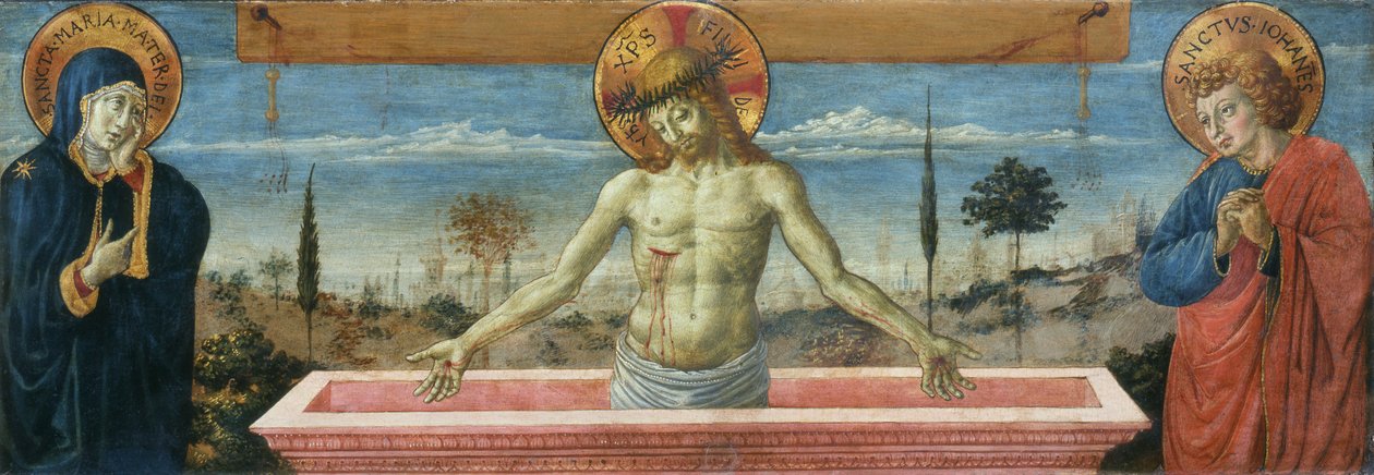 Gozzoli - Bolestný Kristus mezi Pannou Marií a svatým Janem Evangelistou, kolem roku 1450 od Benozzo Gozzoli
