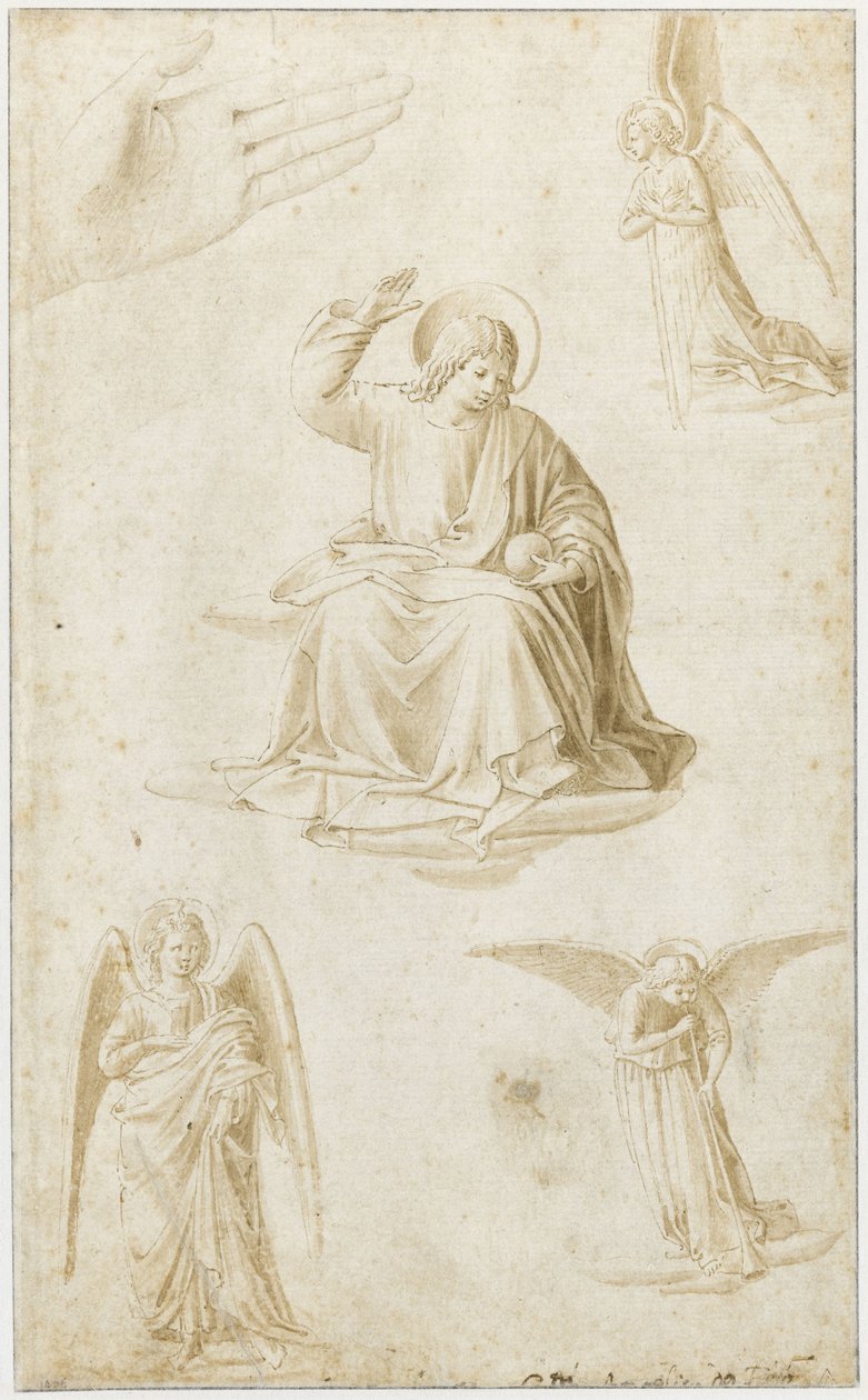 Studie ruky, tří andělů a Krista jako Salvator Mundi, druhá polovina 15. století od Benozzo Gozzoli