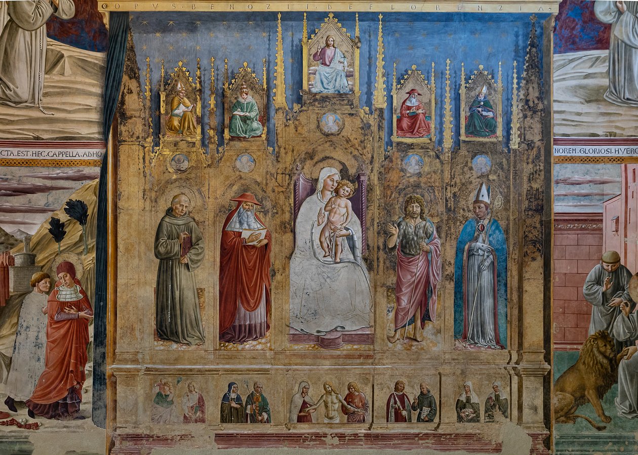 Falešný polyptych s Pannou Marií a dítětem, sv. Antonínem Paduánským, sv. Jeronýmem, sv. Janem a sv. Ludvíkem z Toulouse, kaple sv. od Benozzo di Lese di Sandro Gozzoli