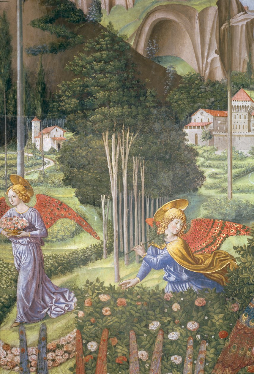 Anděl sbírá květiny v nebeské krajině, detail z cyklu Cesta tří králů v kapli, detail fresky cca 1460 z 70615 od Benozzo di Lese di Sandro Gozzoli
