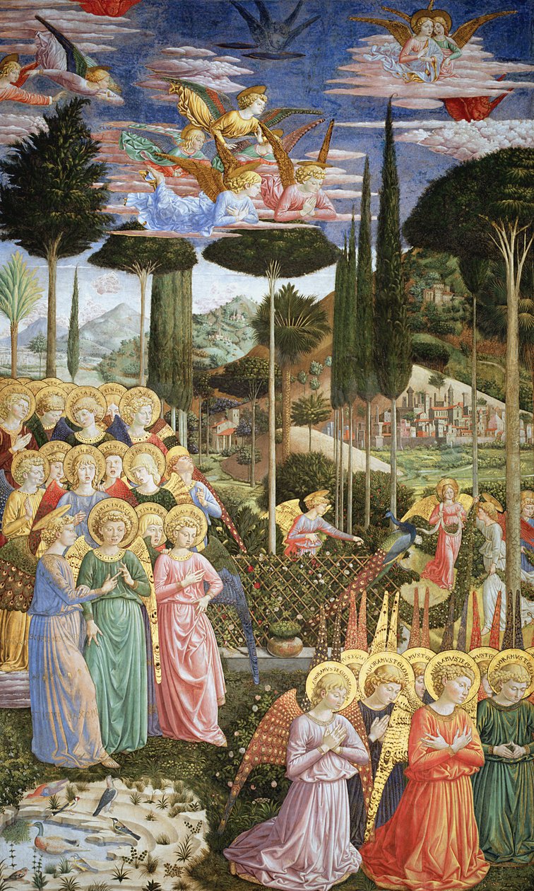 Andělé v nebeské krajině, levá stěna apsidy, z cyklu Cesta tří králů v kapli kolem .1460 (podrobnosti viz 83051) od Benozzo di Lese di Sandro Gozzoli