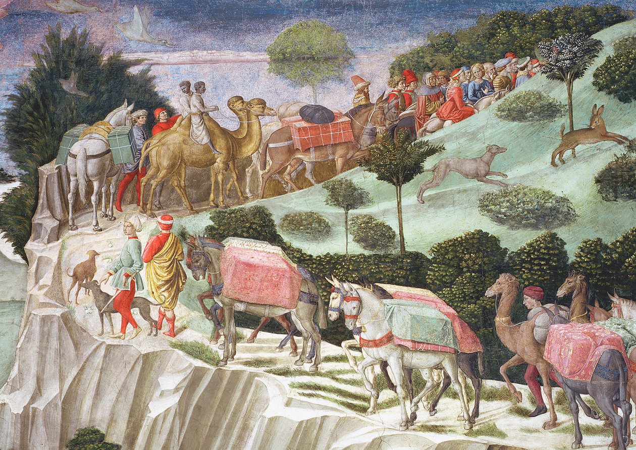 Karavana zvířat šplhající do kopce, detail z cyklu Cesta tří králů v kapli, detail fresky cca 1460 z 70601 od Benozzo di Lese di Sandro Gozzoli
