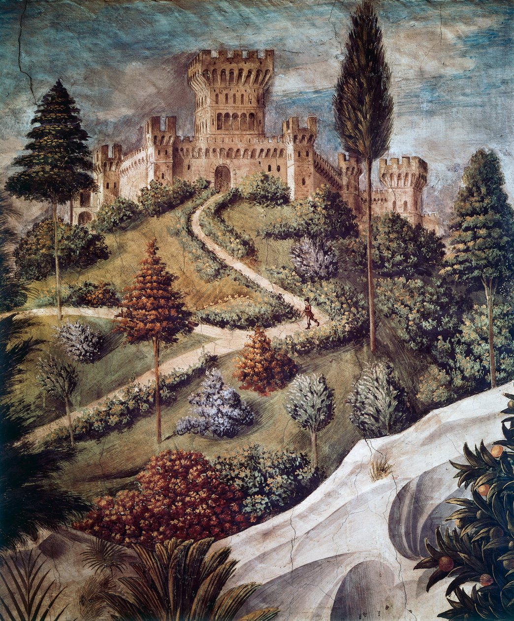 Zámek, detail krajiny z Procesí tří králů od Benozzo di Lese di Sandro Gozzoli