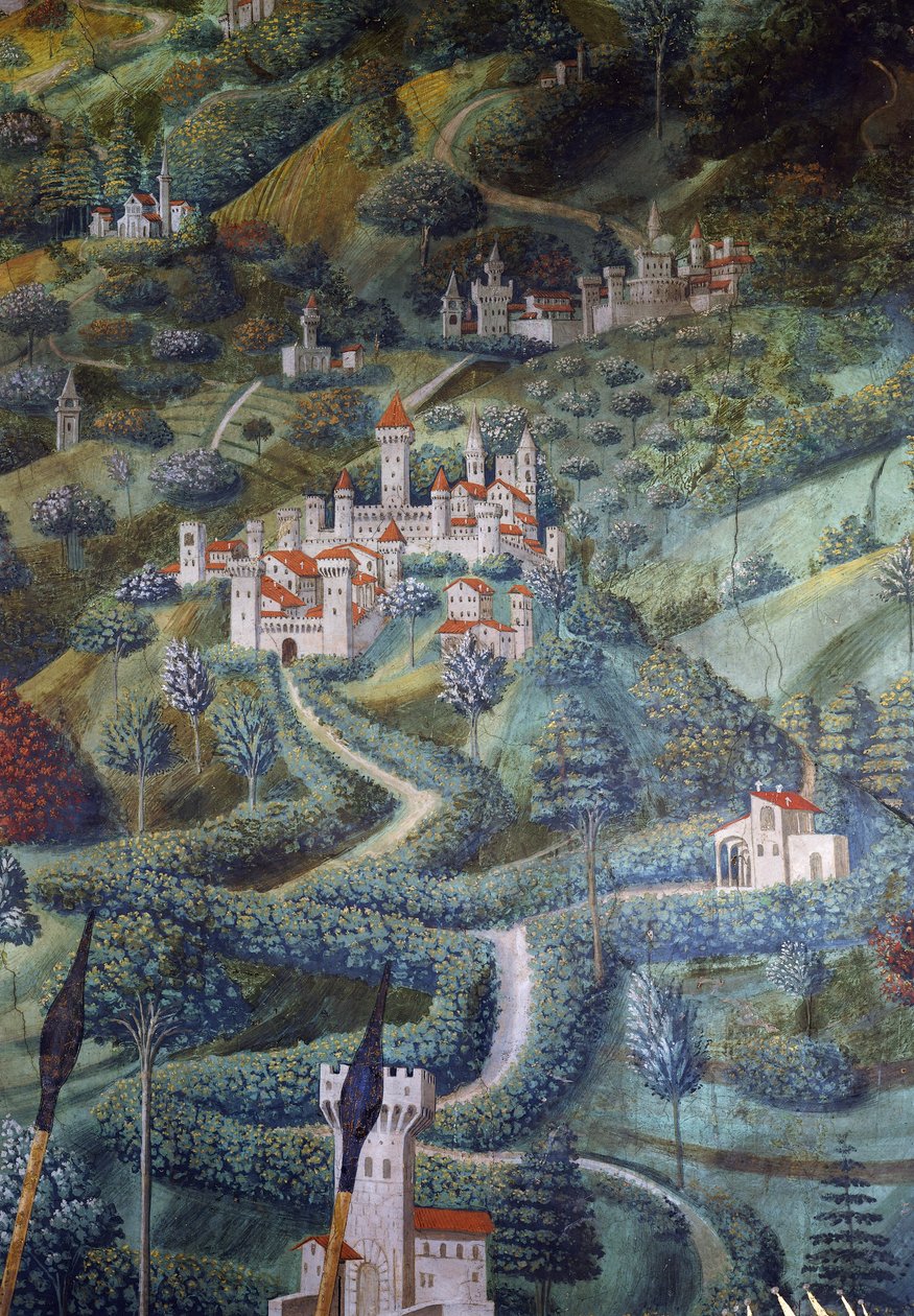 Hrady, detail krajiny z Procesí tří králů od Benozzo di Lese di Sandro Gozzoli