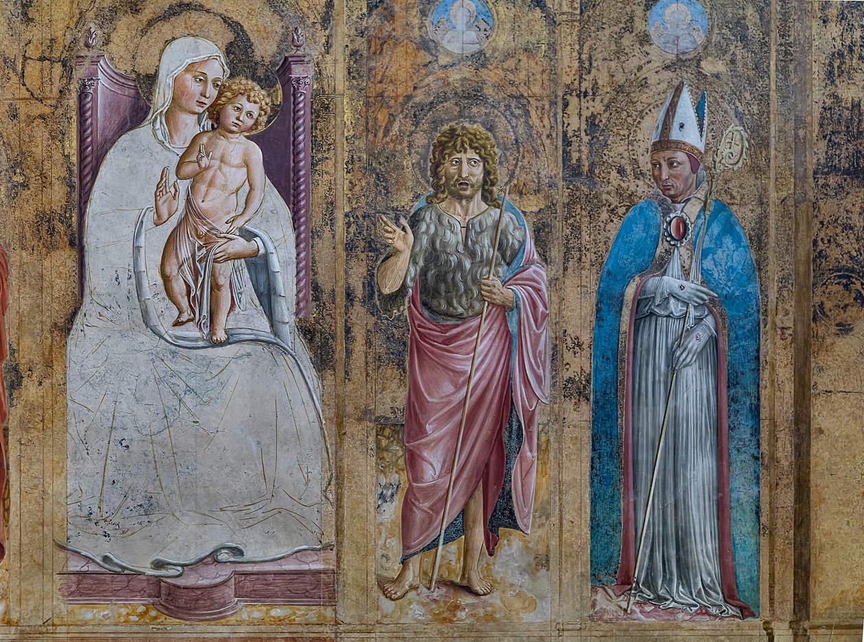 Detail falešného polyptychu s Pannou Marií a dítětem, sv. Antonínem Paduánským, sv. Janem a sv. Ludvíkem z Toulouse, kaple sv. Jeronýma od Benozzo di Lese di Sandro Gozzoli