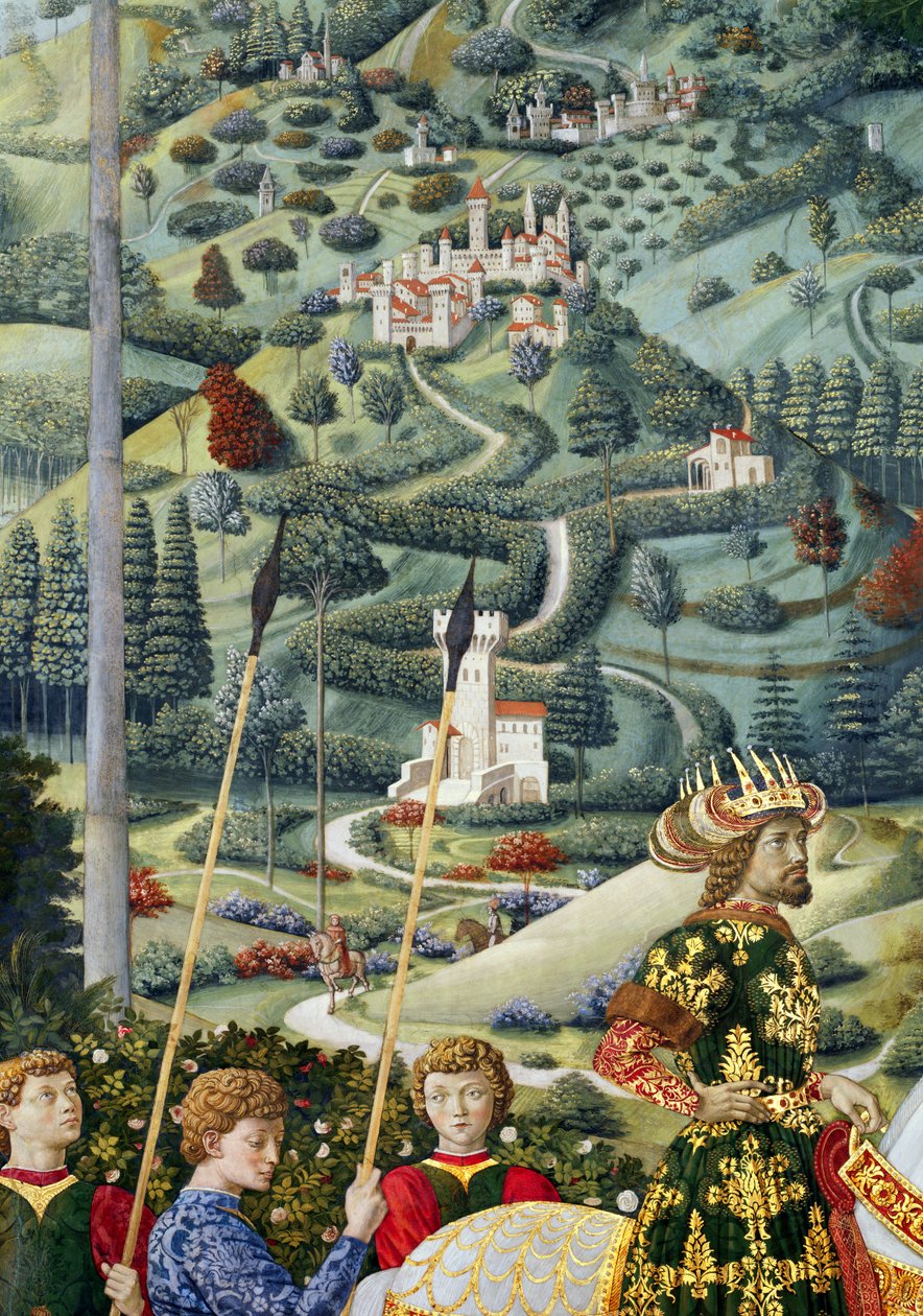 Fantastická krajina, detail z cyklu Cesta tří králů v kapli, kolem roku 1460 od Benozzo di Lese di Sandro Gozzoli